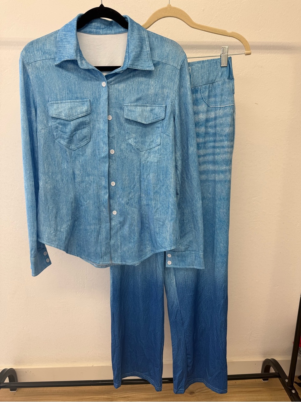 Light Blue Women's Button-Up Shirt and Pants Set